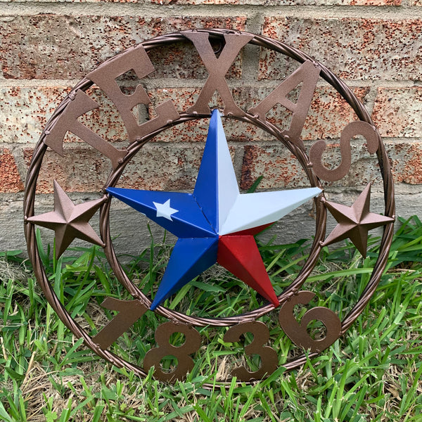 16" TEXAS 1836 RED WHITE BLUE TEXAS FLAG STAR BRONZE RING METAL BARN STAR WESTERN HOME DECOR HANDMADE NEW ART