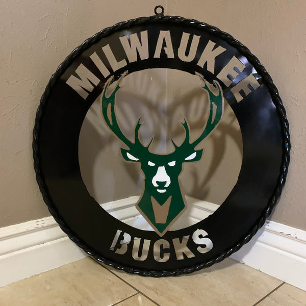 24" MILWAUKEE BUCKS WIDE BAND DISC STYLE METAL CUSTOM VINTAGE CRAFT TEAM SPORTS SIGN HANDMADE