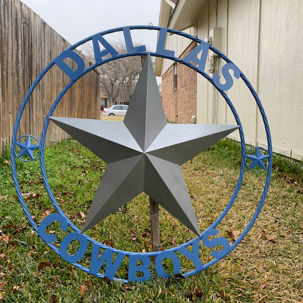 DALLAS COWBOYS SILVER & LIGHT BLUE BARN STAR CUSTOM VINTAGE METAL LONE STAR ART WESTERN HOME DECOR SIZE:24",32",36",40",42",44",46",50"