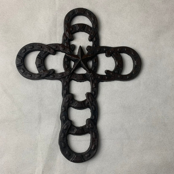 Si56369 HORSESHOES Western Cross Cast Iron Texas Star Rustic Dark Brown Wall Home Decor 10 ½ x 8 ½ inches #56369