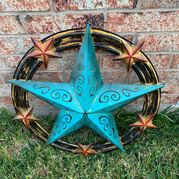 #RT5045 TURQUOISE CARVED CUT STAR 26",36", BARN METAL WESTERN HOME DECOR HANDMADE NEW