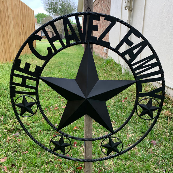 CHAVEZ STYLE CUSTOM FAMILY NAME STAR BLACK STEEL METAL BARN STAR ROPE RING WESTERN HOME DECOR VINTAGE NEW HANDMADE 24",32",34",36",40",42",44",46",50"