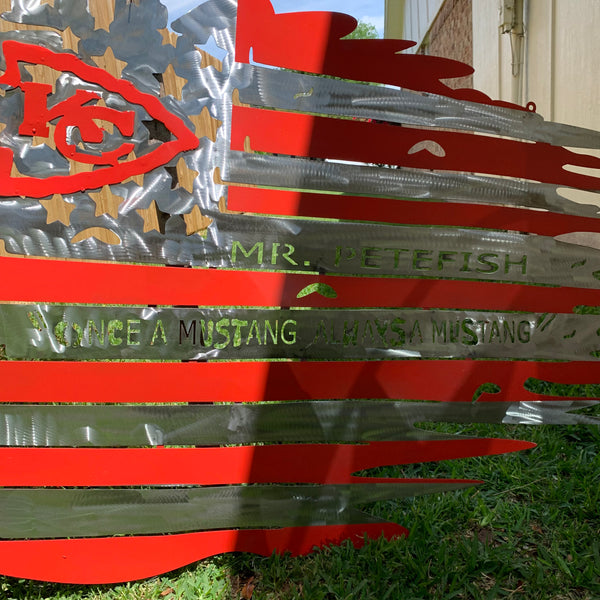 CUSTOM NAME KANSAS CITY CHIEFS METAL TATTERED FLAG CUSTOM VINTAGE CRAFT WALL ART HANDMADE