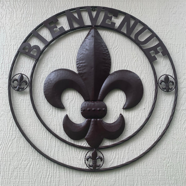 24", 32" FLEUR DE LIS BIENVENUE METAL WALL ART WESTERN HOME DECOR RUSTIC BROWN NEW