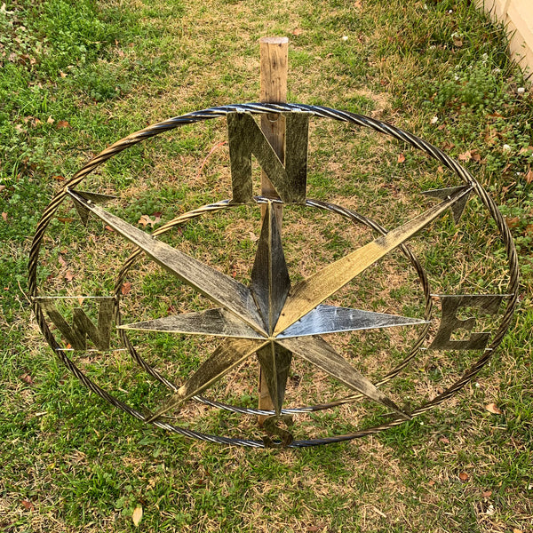 36" COMPASS GREY METAL ART WESTERN METAL ART HOME WALL DECOR RUSTIC GREY