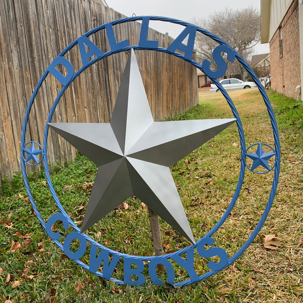 DALLAS COWBOYS SILVER & LIGHT BLUE BARN STAR CUSTOM VINTAGE METAL LONE STAR ART WESTERN HOME DECOR SIZE:24",32",36",40",42",44",46",50"