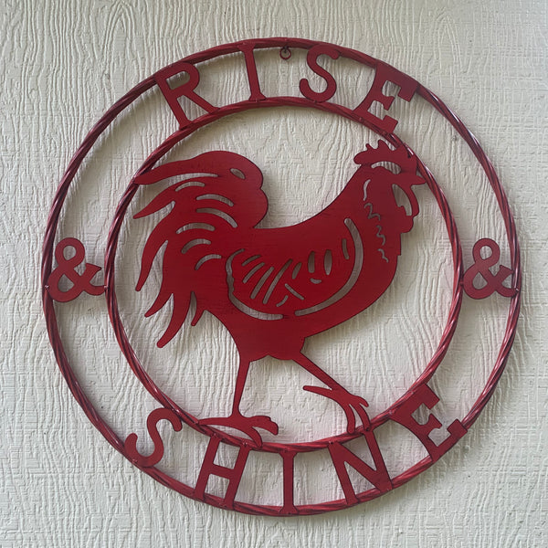 #SI_B9504 RISE & SHINE 24" RED ROOSTER CHICKEN METAL SIGN WESTERN HOME DECOR HANDMADE NEW