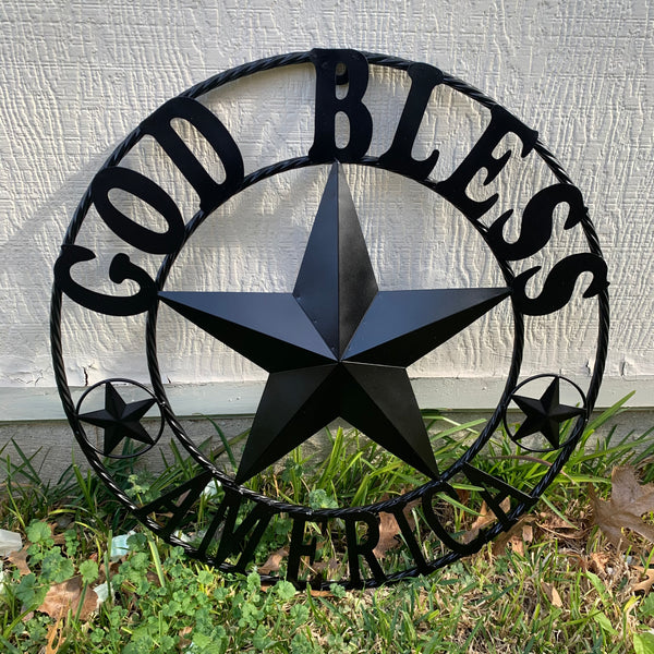 #EH10562 GOD BLESS AMERICA BLACK METAL BARN LONE STAR WESTERN HOME DECOR HANDMADE NEW