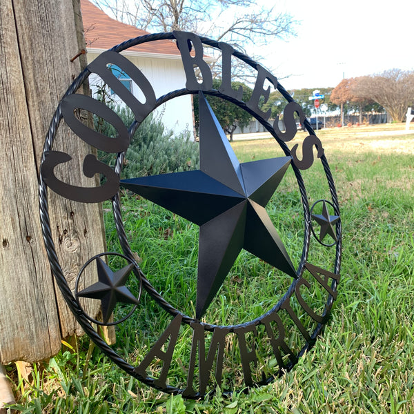 #EH10562 GOD BLESS AMERICA BLACK METAL BARN LONE STAR WESTERN HOME DECOR HANDMADE NEW