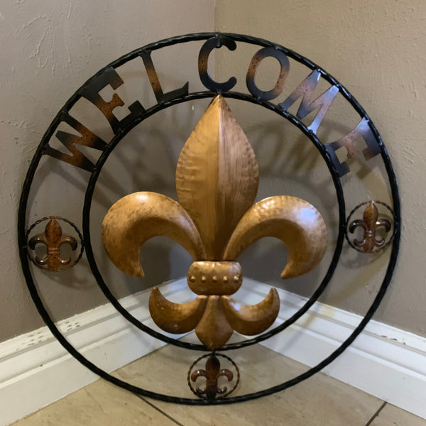 24", 32" WELCOME FLEUR DE LIS METAL WALL ART WESTERN HOME DECOR GOLD & BLACK