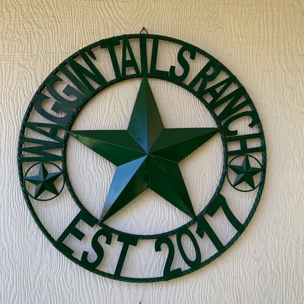 WAGGIN TAIL RANCH STYLE CUSTOM FAMILY NAME STAR METAL BARN STAR ROPE RING WESTERN HOME DECOR VINTAGE RUSTIC HUNTER GREEN HANDMADE 24",32",34",36",40",42",44",46",50"