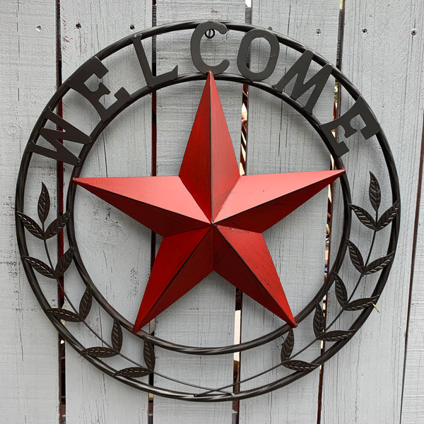 24" WELCOME LEAF LEAVES STAR METAL WALL ART WESTERN HOME DECOR RUSTIC RED HANDMADE