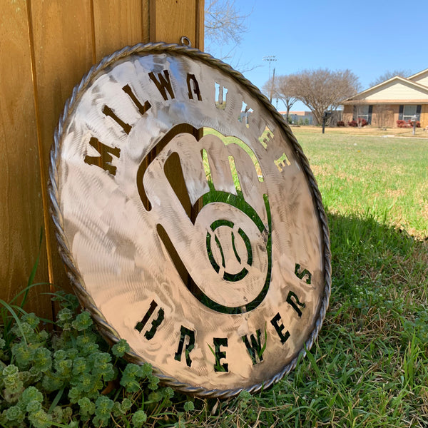 24" MILWAUKEE BREWERS RAW METAL WIDE BAND DISC STYLE CUSTOM METAL VINTAGE CRAFT TEAM SIGN HANDMADE
