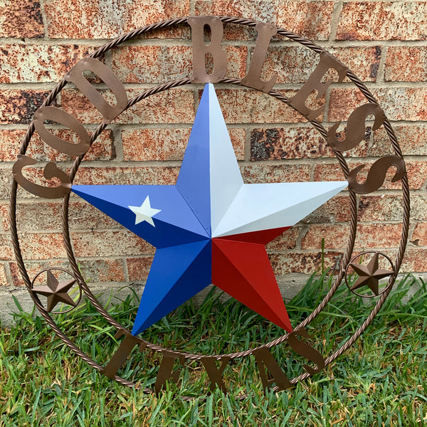 GOD BLESS TEXAS RED WHITE BLUE BARN METAL STAR BRONZE TWISTED ROPE RING WALL ART WESTERN HOME DECOR HANDMADE