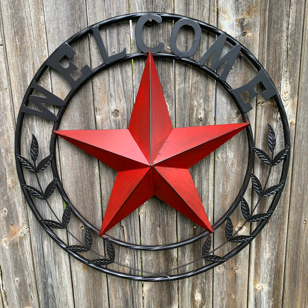 24" WELCOME LEAF LEAVES STAR METAL WALL ART WESTERN HOME DECOR RUSTIC RED HANDMADE