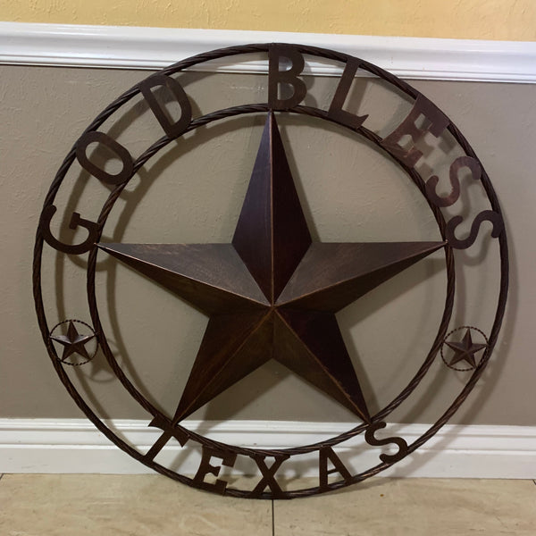 #EH10197 GOD BLESS TEXAS BARN STAR METAL LONESTAR TWISTED ROPE RING WESTERN HOME DECOR HANDMADE NEW