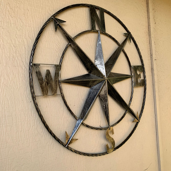 36" COMPASS GREY METAL ART WESTERN METAL ART HOME WALL DECOR RUSTIC GREY