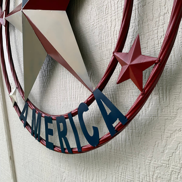 #EH10489 GOD BLESS AMERICA USA FLAG BARN STAR METAL RED WHITE BLUE WESTER HOME DECOR HANDMADE NEW