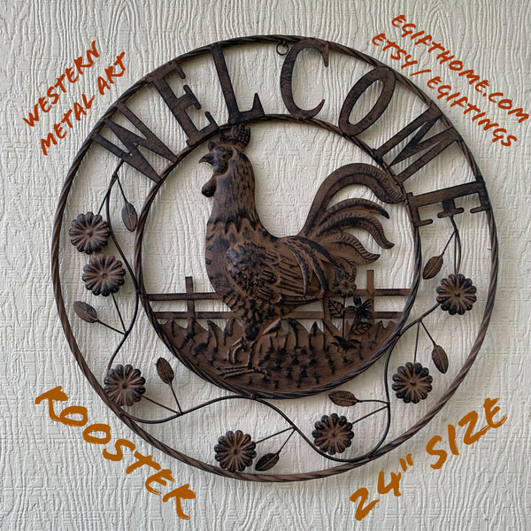 #EH11437 ROOSTER WELCOME 24" SCROLL ART METAL SIGN WESTERN HOME DECOR NEW