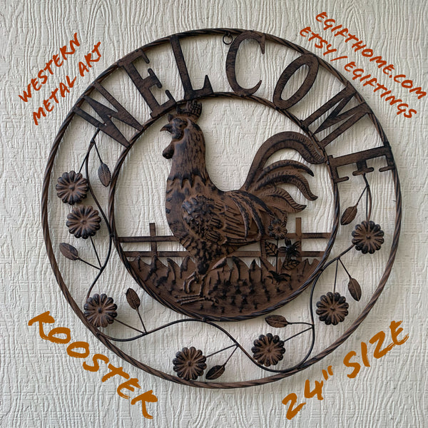 #SI_XL2222 ROOSTER WELCOME 24" SCROLL ART METAL SIGN WESTERN HOME DECOR NEW