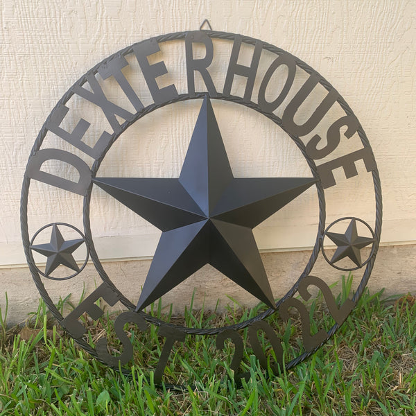 DEXTRHOUSE STYLE YOUR CUSTOM NAME STAR BLACK METAL BARN STAR 3d TWISTED ROPE RING WESTERN HOME DECOR VINTAGE BRONZE RUSTIC NEW HANDMADE 24",32",34",36",40",42",44",46",50"