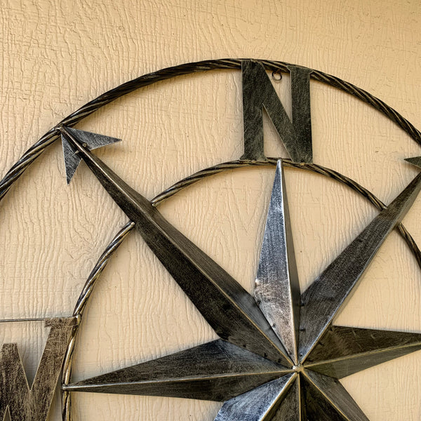 36" COMPASS GREY METAL ART WESTERN METAL ART HOME WALL DECOR RUSTIC GREY