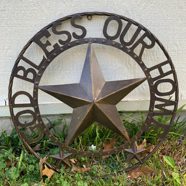 24" GOD BLESS OUR HOME BEADED BARN STAR WITH TWISTED ROPE RING DESIGN METAL WALL ART WESTERN HOME DECOR VINTAGE RUSTIC DARK BRONZE COPPER NEW