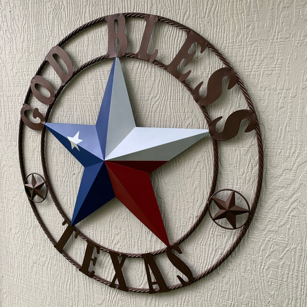 GOD BLESS TEXAS RED WHITE BLUE BARN METAL STAR BRONZE TWISTED ROPE RING WALL ART WESTERN HOME DECOR HANDMADE