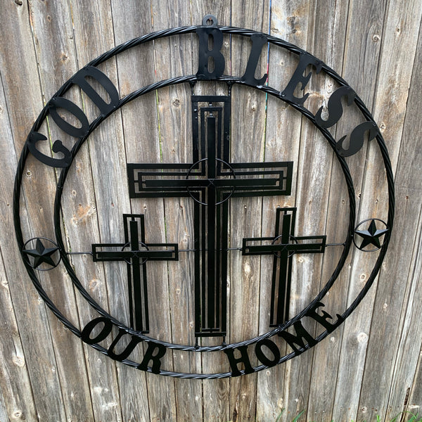 40"GOD BLESS OUR HOME CRUCIFIX CROSS METAL WALL ART BLACK HANDMADE NEW