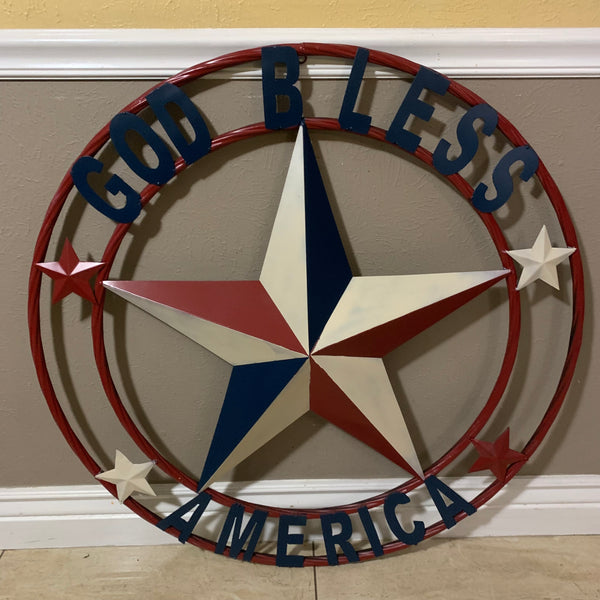 #EH10489 GOD BLESS AMERICA USA FLAG BARN STAR METAL RED WHITE BLUE WESTER HOME DECOR HANDMADE NEW