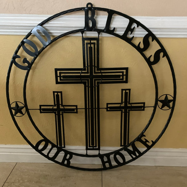 40"GOD BLESS OUR HOME CRUCIFIX CROSS METAL WALL ART BLACK HANDMADE NEW