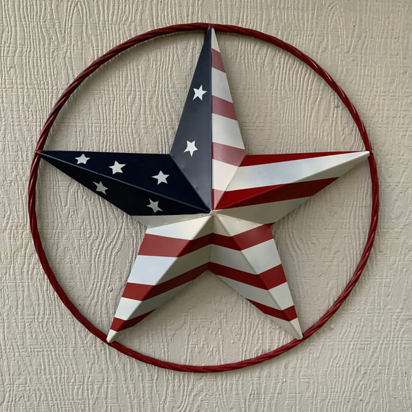 AMERICAN Flag USA Metal Barn Star RED, WHITE & BLUE WITH RED Rope Ring Western Home Decor Handmade 12",16",24",30",34",36",40",48"