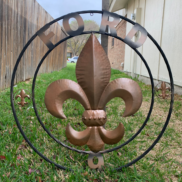 FORD STYLE YOUR CUSTOM NAME FLEUR DE LIS METAL TWISTED ROPE RING SIGN WALL ART WESTERN HOME DECOR HANDMADE 24", 32", 36"