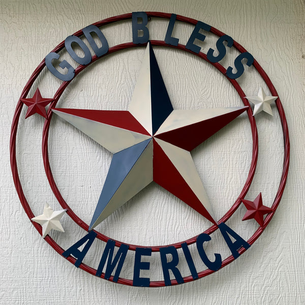 #EH10489 GOD BLESS AMERICA USA FLAG BARN STAR METAL RED WHITE BLUE WESTER HOME DECOR HANDMADE NEW