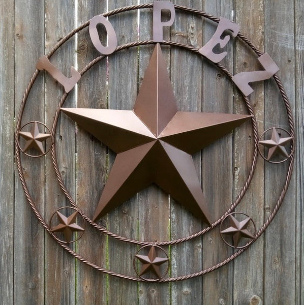 LOPEZ CUSTOM STAR NAME BARN METAL STAR 3d TWISTED ROPE RING WESTERN HOME DECOR RUSTIC  BRONZE HANDMADE 24",32",34",36",40",42",44",46",50"