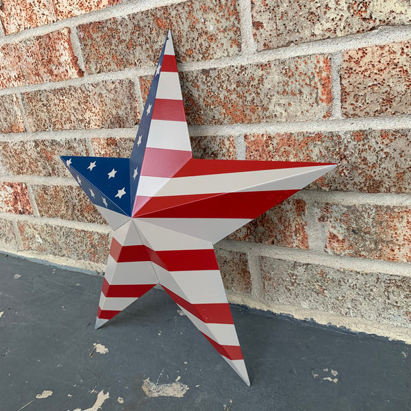 AMERICANA USA FLAG BARN STAR METAL RED BEIGE NAVY BLUE STAR WESTERN HOME DECOR HANDMADE