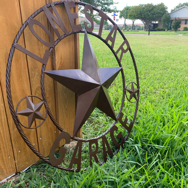 LONESTAR GARAGE STYLE CUSTOM BARN NAME STAR LONESTAR GARAGE METAL NAME BARN STAR WITH TWISTED ROPE RING 3d STAR ART WESTERN HOME DECOR RUSTIC BROWN