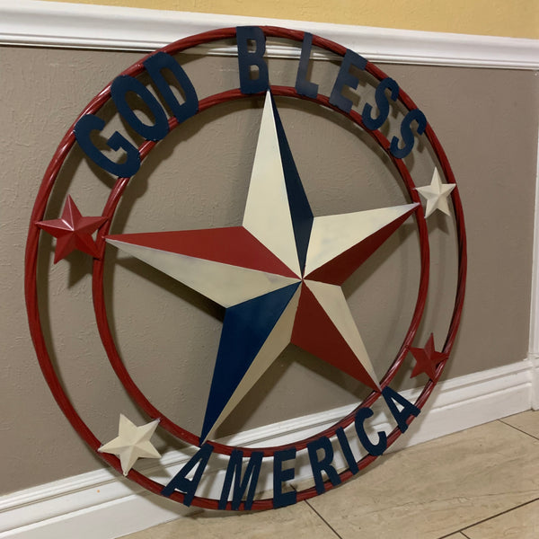 #EH10489 GOD BLESS AMERICA USA FLAG BARN STAR METAL RED WHITE BLUE WESTER HOME DECOR HANDMADE NEW