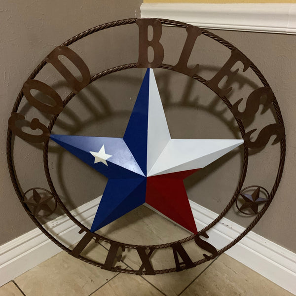 GOD BLESS TEXAS RED WHITE BLUE BARN METAL STAR BRONZE TWISTED ROPE RING WALL ART WESTERN HOME DECOR HANDMADE