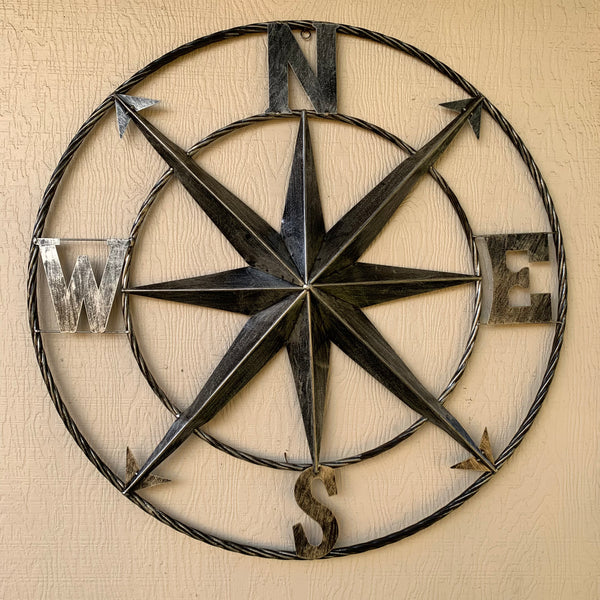 36" COMPASS GREY METAL ART WESTERN METAL ART HOME WALL DECOR RUSTIC GREY