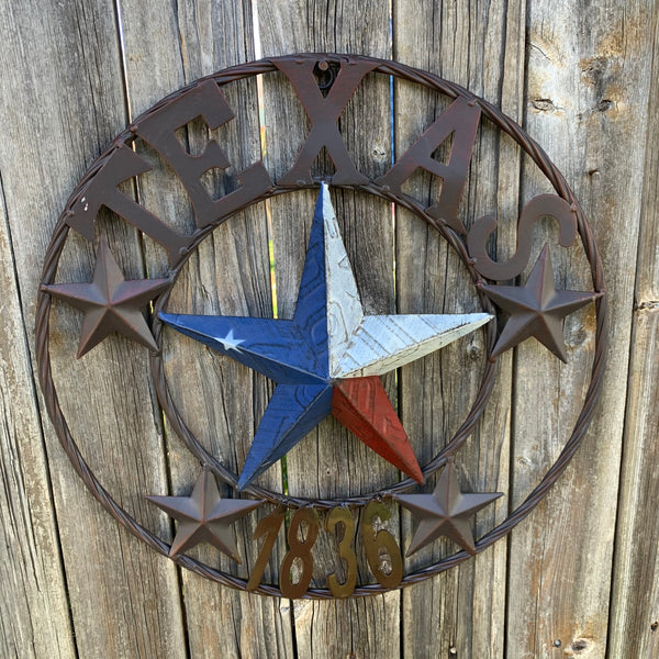 16", 24", 32", 34", 40" TEXAS 1836 LICENSE PLATE FLAG BARN STAR METAL WALL WESTERN HOME DECOR RED WHITE BLUE ART