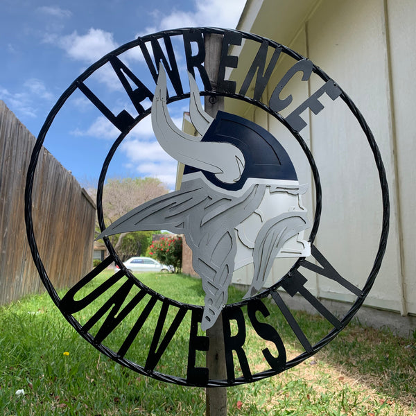 LAWRENCE UNIVERSITY METAL CUSTOM VINTAGE CRAFT WALL ART RUSTIC BLUE SILVER WHITE TEAM SIGN HANDMADE
