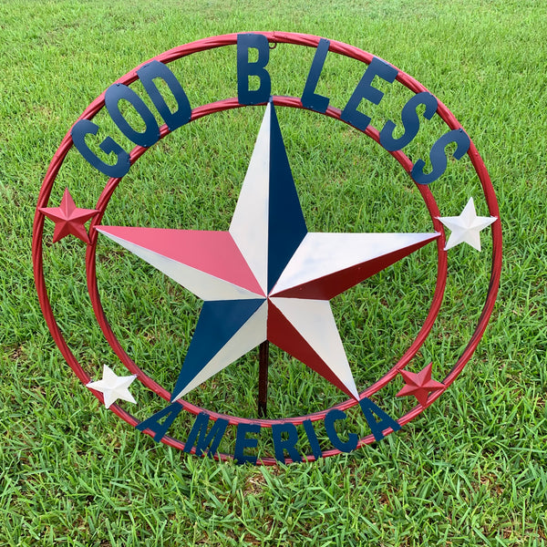 #EH10489 GOD BLESS AMERICA USA FLAG BARN STAR METAL RED WHITE BLUE WESTER HOME DECOR HANDMADE NEW