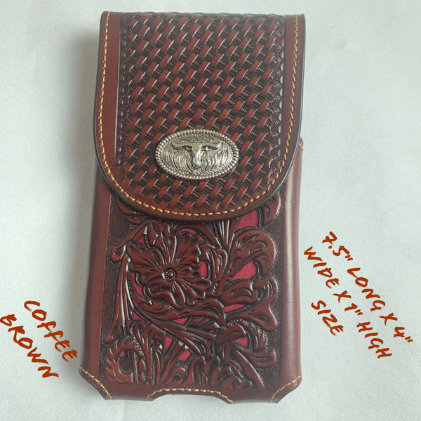 #LG2002 7.5" LONGHORN COFFEE BROWN LEATHER POUCH EXTRA LARGE  BELT LOOP HOLSTER CELL PHONE CASE UNIVERSAL OVERSIZE