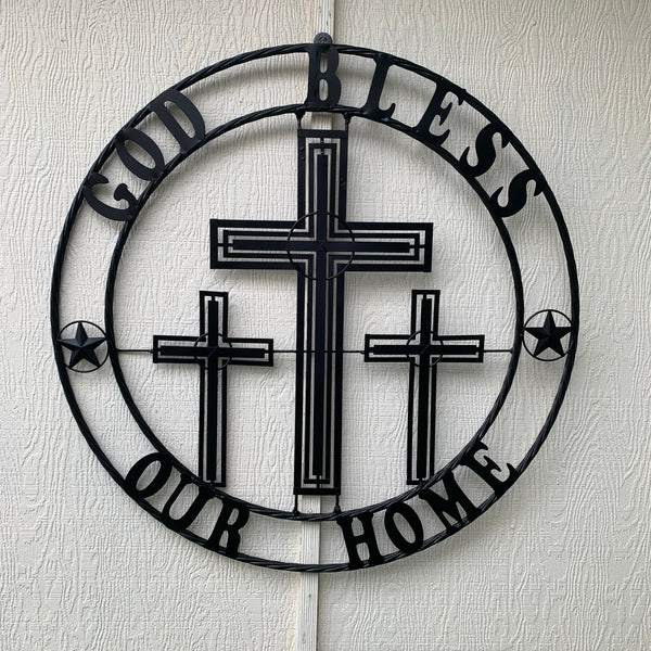 40"GOD BLESS OUR HOME CRUCIFIX CROSS METAL WALL ART BLACK HANDMADE NEW