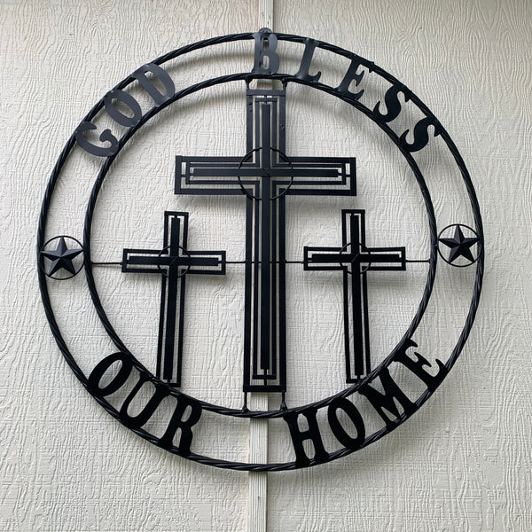 40"GOD BLESS OUR HOME CRUCIFIX CROSS METAL WALL ART BLACK HANDMADE NEW