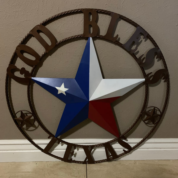 GOD BLESS TEXAS RED WHITE BLUE BARN METAL STAR BRONZE TWISTED ROPE RING WALL ART WESTERN HOME DECOR HANDMADE