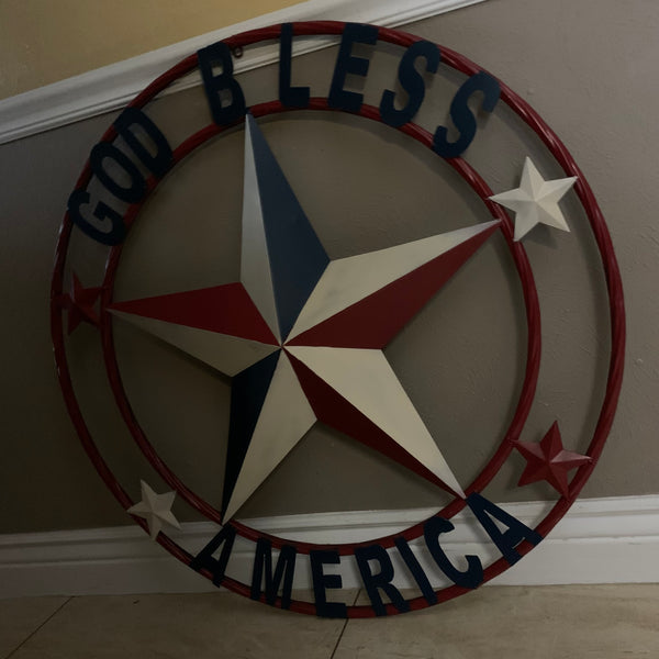 #EH10489 GOD BLESS AMERICA USA FLAG BARN STAR METAL RED WHITE BLUE WESTER HOME DECOR HANDMADE NEW