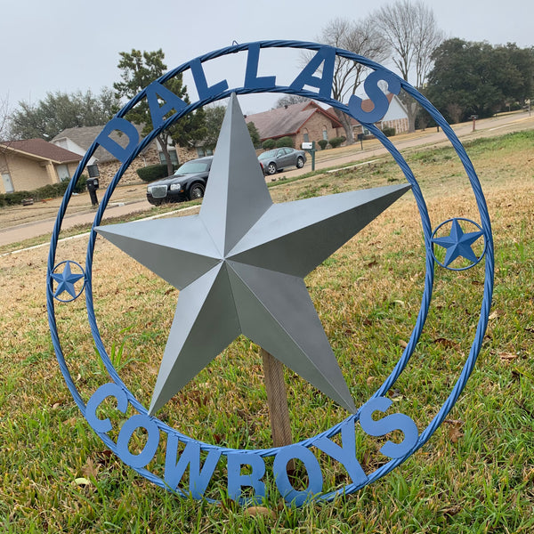 DALLAS COWBOYS SILVER & LIGHT BLUE BARN STAR CUSTOM VINTAGE METAL LONE STAR ART WESTERN HOME DECOR SIZE:24",32",36",40",42",44",46",50"