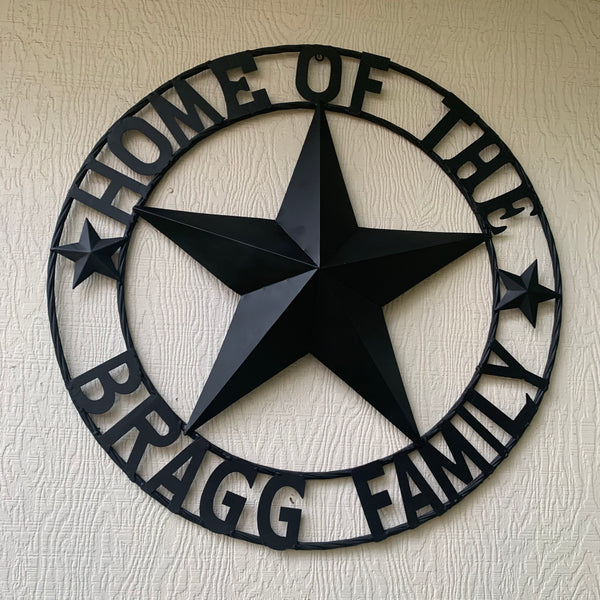 BRAGG STYLE YOUR CUSTOM NAME HOME OF FAMILY STAR METAL BARN STAR 3d TWISTED ROPE RING WESTERN HOME DECOR NEW HANDMADE 24",32",34",36",40",42",44",46",50"